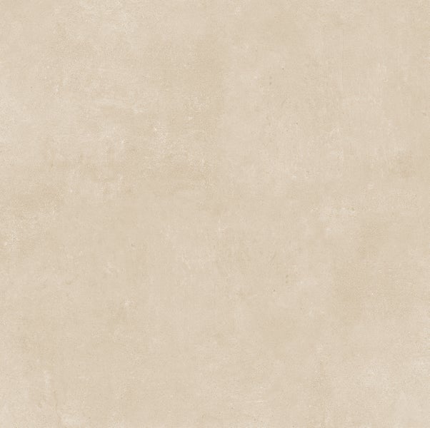 Beige quadratische Bodenfliese aus Feinsteinzeug in Betonoptik.