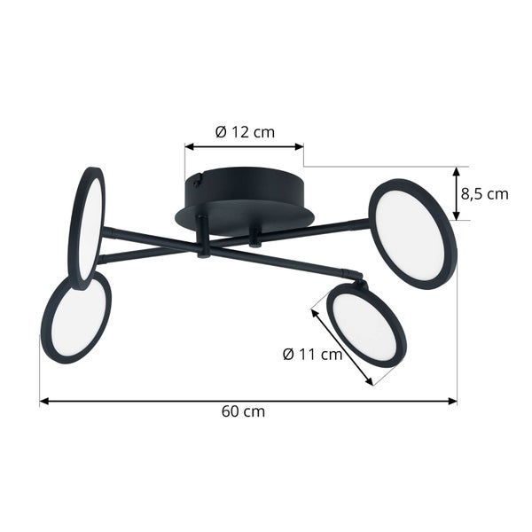 Schwarze Deckenleuchte mit vier LED-Ringen. Breite 60 Zentimeter, Höhe 8,5 Zentimeter, Basis Durchmesser 12 Zentimeter, Ringdurchmesser 11 Zentimeter.