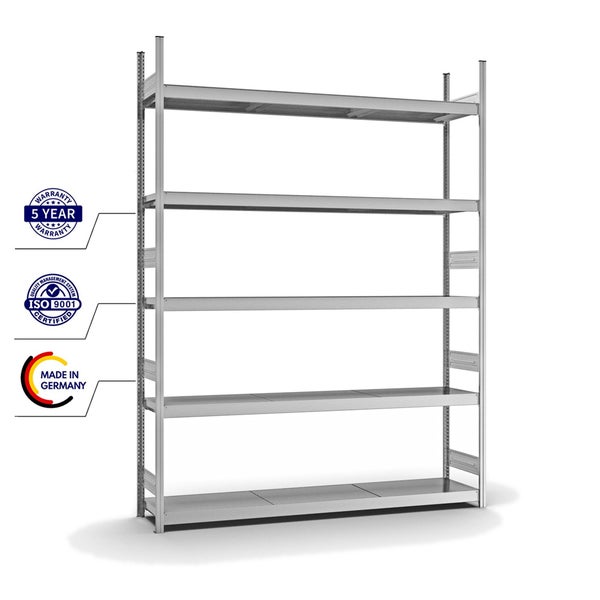 PROREGAL Weitspannregal Stecksystem T-Profil Grundregal HxBxT 300x225x40 cm 5 Ebenen Stahlplatten Fachboden Fachlast 350 kg Verzinkt