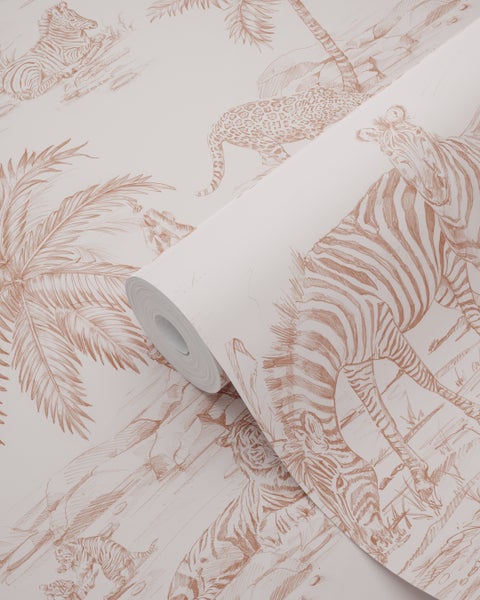 Tapetenrolle mit Zeichnungen von Zebras, Tigern, Leoparden und Palmen