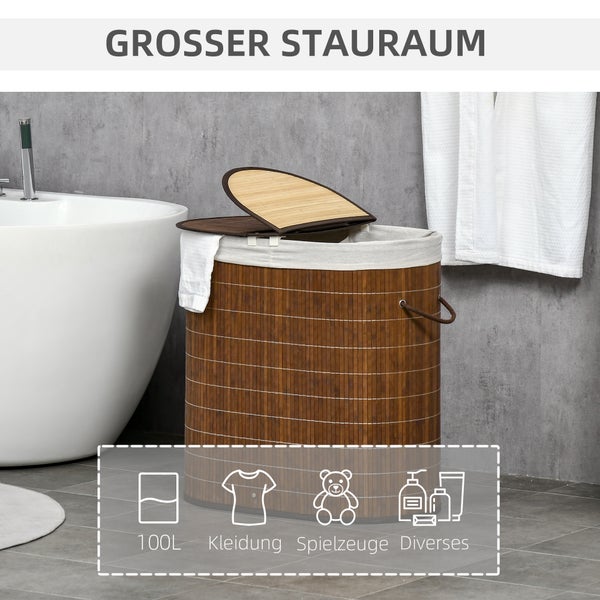 HOMCOM Wäschekorb Wäschebox 100L Wäschesammler mit Deckel, Wäschesortierer mit Griff, Waschekorbsammler mit 2 Wäschesäcken für Badezimmer, Bambus, Braun