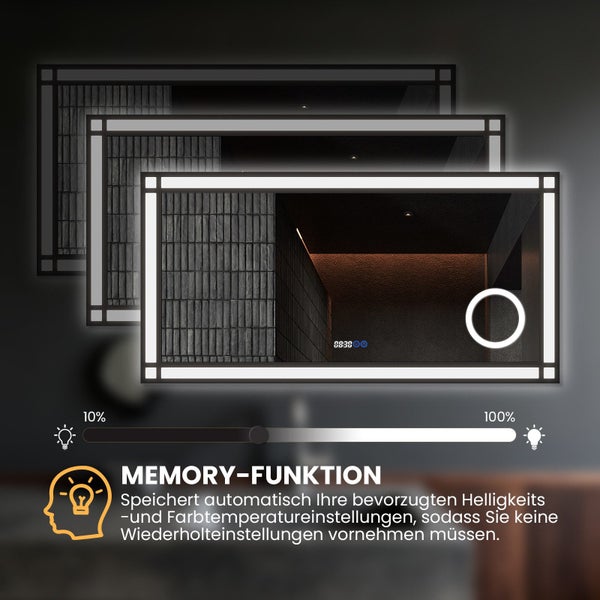 Badezimmerspiegel mit LED Beleuchtung und Memory Funktion zur Speicherung der Helligkeits und Farbtemperatureinstellungen.