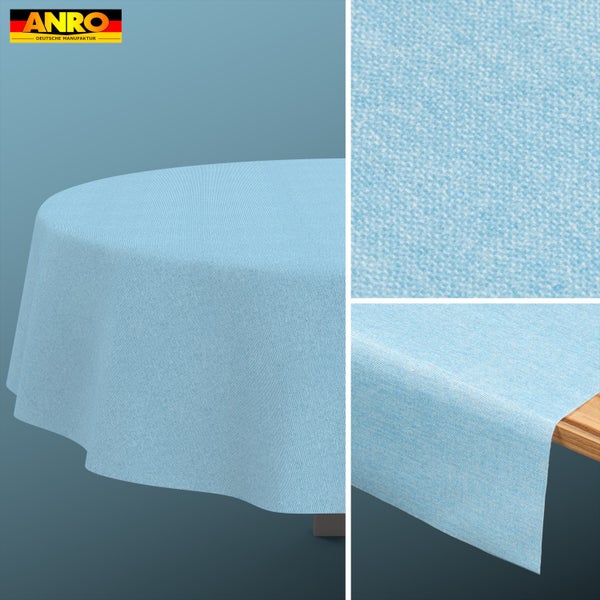 ANRO Logo. Rundes und eckiges Tischtuch aus strukturiertem Gewebe.