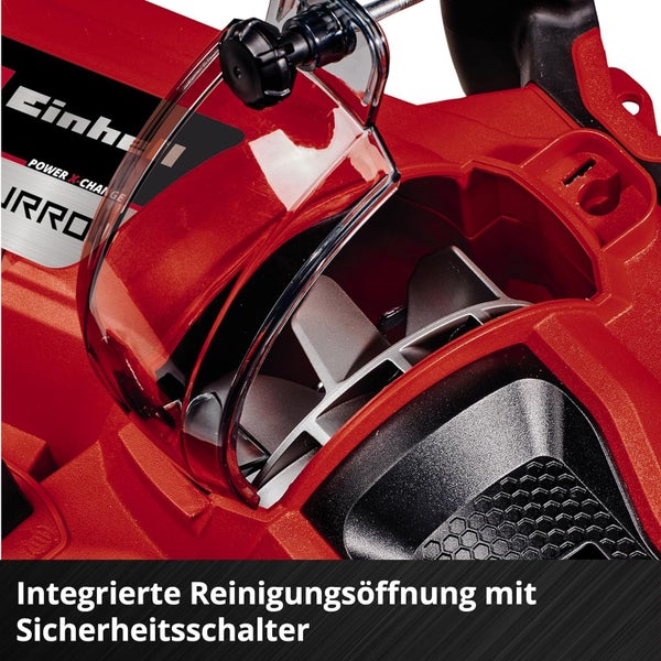 Einhell Akku Rasenmäher mit integrierter Reinigungsöffnung und Sicherheitsschalter an der Gehäuseoberseite.