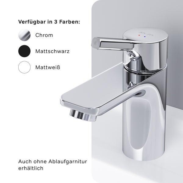 AM PM Waschtischarmatur in Chrom, erhältlich in drei Farben und auch ohne Ablaufgarnitur.