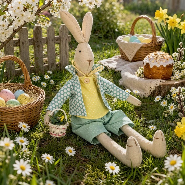 Stoffosterhase als Dekofigur sitzend im Garten mit Osterkorb und Kuchen in einer Frühlingslandschaft mit Gänseblümchen.
