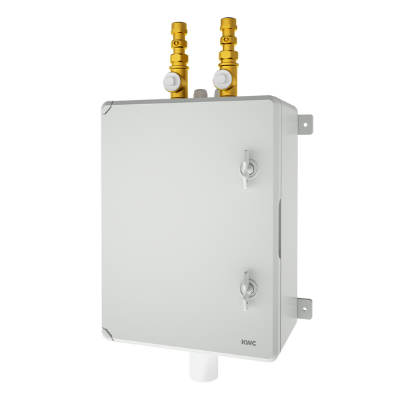 KWC Steuerkasten für Sanitärinstallationen mit Messinganschlüssen und zwei Drehverschlüssen. KWC Logo.
