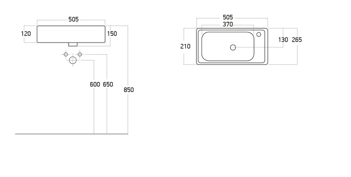Zeichnung eines Waschtisches mit Maßangaben