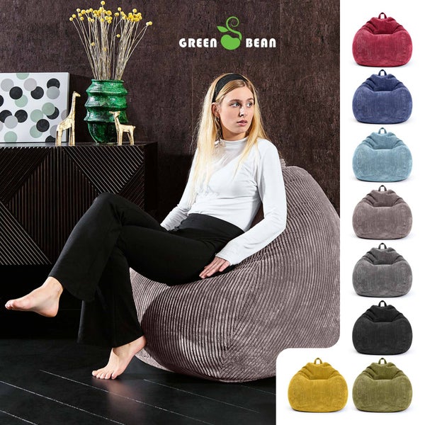 Green Bean Indoor Sitzsack 90x110cm EPS-Perlen Füllung & Cordstoff Kuschelig Weich Waschbar - Drinnen Bodenkissen Liegekissen Sitzkissen Sitzhocker Relax-Sessel Kinder Erwachsene Stoff Grau