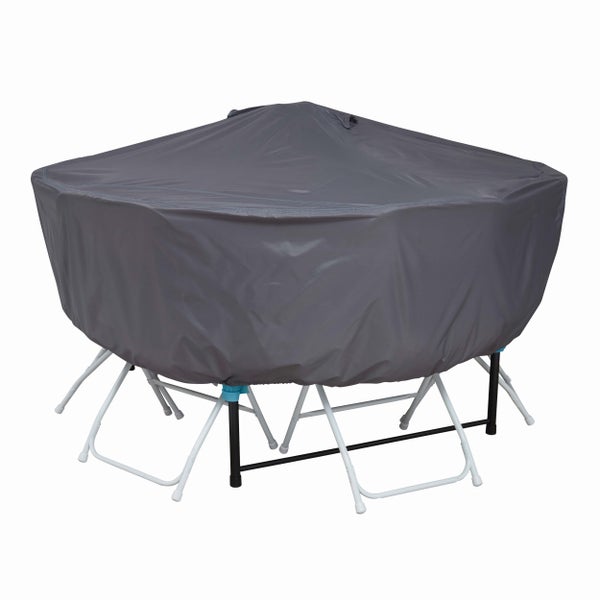 Graue Schutzhülle für Gartenmöbelsets aus wasserabweisendem Material.