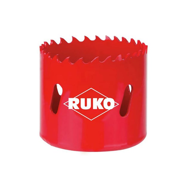Rote Ruko Lochsäge aus Metall mit gezahntem Rand und seitlichen Aussparungen. Ruko Logo.