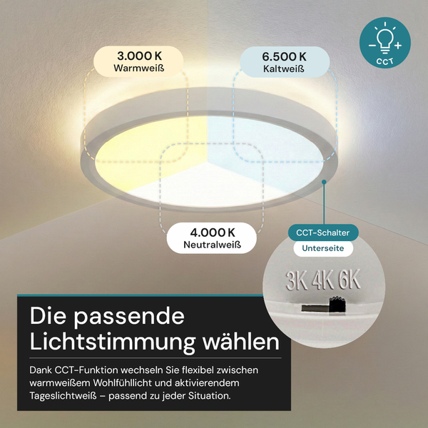 Runde LED Deckenleuchte mit CCT-Funktion zur Einstellung der Lichtfarbe von 3000 bis 6500 Kelvin per Schalter an der Unterseite.
