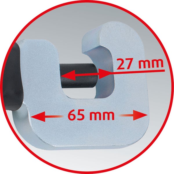 Detailansicht einer Rohrzange mit den Maßen 27 mm und 65 mm.