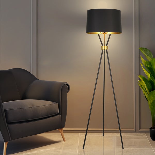 Home Deluxe - Stehlampe LUNA - Schwarz / Gold, Blendfreies Licht, 54,5 x 165 cm, Metall / Rattan I Stehleuchten Bodenlampen Standlampe