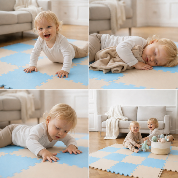 Kind spielt auf einer weichen Puzzlematte aus Schaumstoff im Wohnzimmer, ideal als Unterlage für Kinderzimmer.