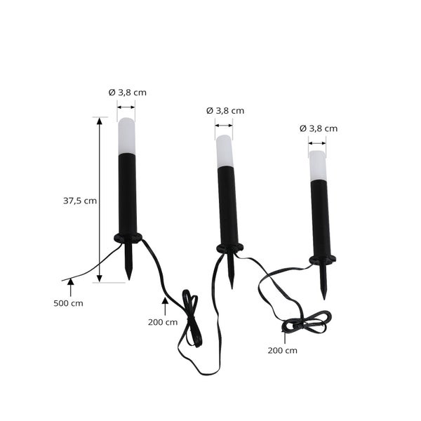 Drei Gartenleuchten mit Erdspieß und Maßen: Höhe 37,5 Zentimeter, Durchmesser 3,8 Zentimeter, Kabellänge 500 Zentimeter, Abstand 200 Zentimeter.
