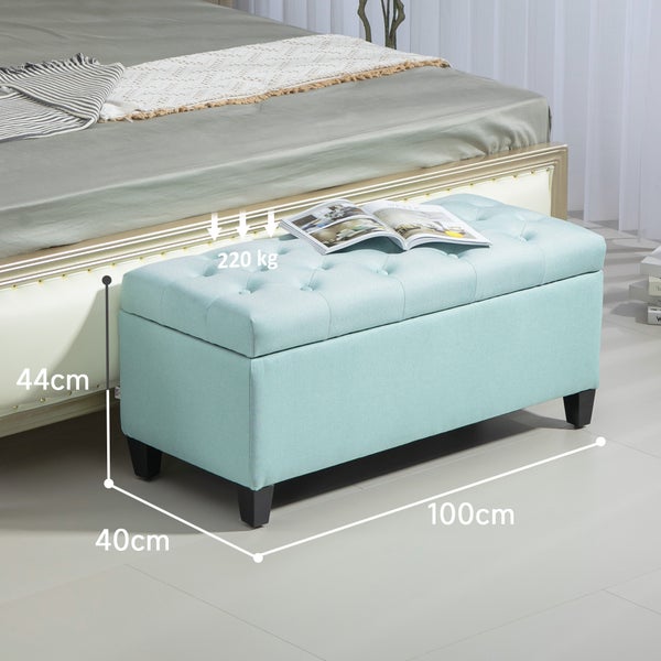 HOMCOM Sitzbank Polsterbank mit Stauraum Truhenbank Flur Schlafzimmer Wohnzimmer leinenartiges Polyester Gummiholz Grün 100 x 40 x 44 cm