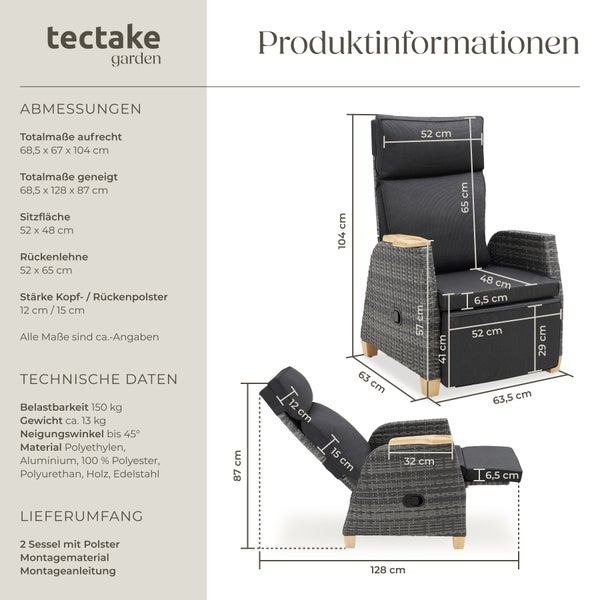 Rattansessel tectake Pescara 68,5 x 67 - 128 x 87 - 104 cm mit Aluminiumgestell grau