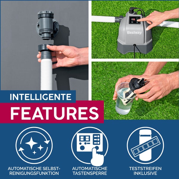 Intelligente Features einer Poolpumpe mit automatischer Selbstreinigungsfunktion, automatischer Tastensperre und inklusive Teststreifen