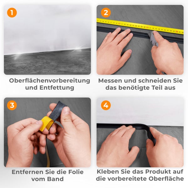 Anleitung zur Montage eines selbstklebenden Dichtungsbandes in vier Schritten: Vorbereitung, Messen, Zuschneiden und Anbringen.