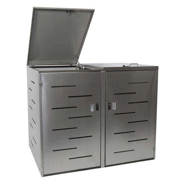 Mülltonnenbox aus Metall mit geöffnetem Deckel