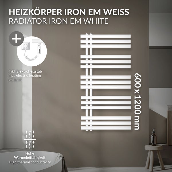 LuxeBath Elektrischer Badheizkörper IronEM 600x1200 mm Weiß + Heizstab 1200W mit Thermostat Touchbedienung, Handtuchheizkörper mit Heizpatrone, Elektro Handtuchwärmer Paneelheizkörper Designheizkörper