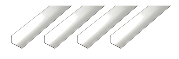 Vier Aluminium Winkelprofile in L Form für vielseitige Anwendungen im Bau und Heimwerkerbereich.