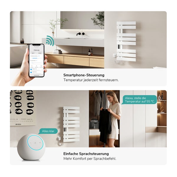 Smarter Badheizkörper gesteuert über eine Smartphone-App und per Sprachbefehl mit einem Smart-Speaker.