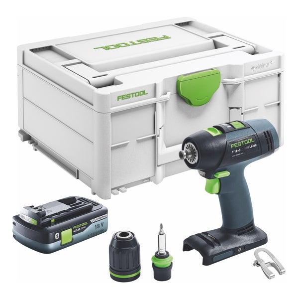 Festool Akku-Bohrschrauber mit Systainer, Akku, Bohrfutter, Bit und Gürtelclip