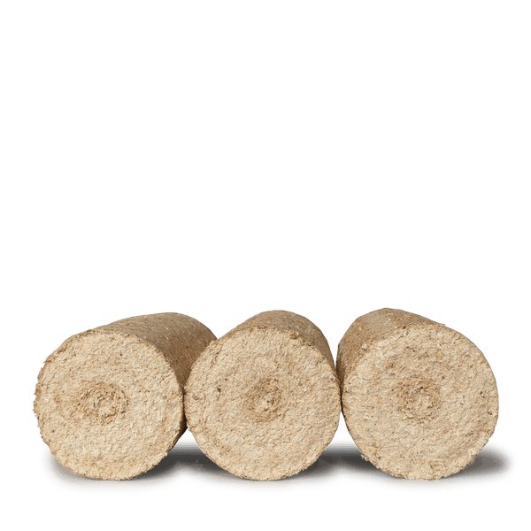 Drei zylindrische Holzbriketts aus gepressten Holzfasern.