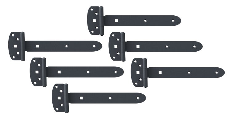 Set aus sechs T-Bändern aus pulverbeschichtetem Metall zur Montage von Türen oder Toren.
