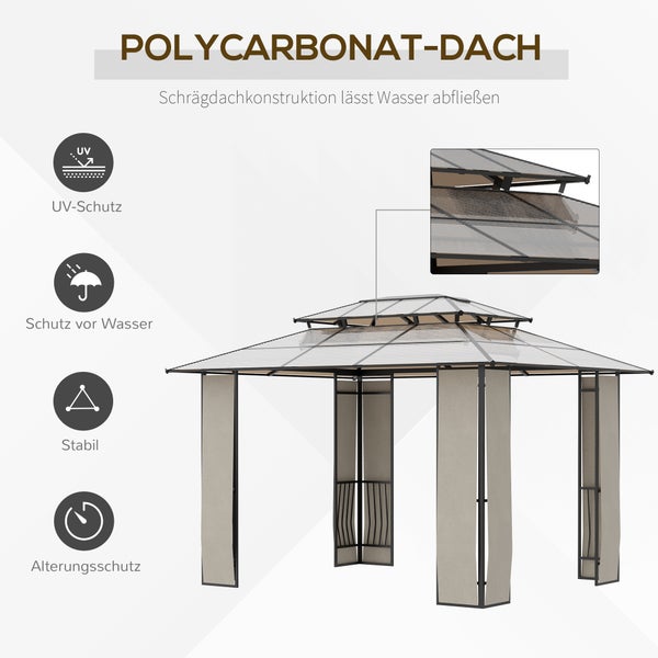 Outsunny Pavillon, Gartenpavillon, mit Sonnendach, Aluminum, Stahl, Polyester, 3,65 x 3 x 2,75 m, Braun+Hellgrau