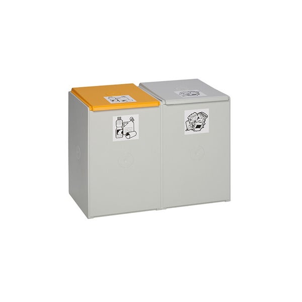 Mülltrennsystem aus grauem Kunststoff mit zwei Behältern, einem orangefarbenen und einem grauen Deckel sowie Symbolen für Abfalltrennung.