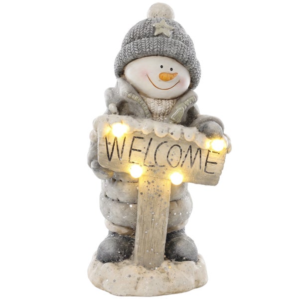 Dekorative Schneemannfigur mit LED Beleuchtung und Willkommensschild für den Innenbereich