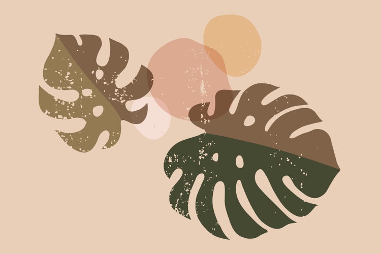 Wandbild mit abstraktem Motiv von zwei Monstera Blättern und geometrischen Formen im modernen Stil.
