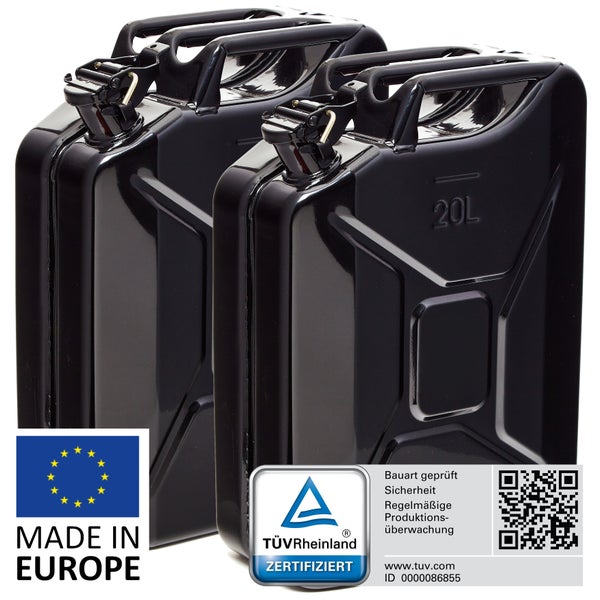 BW® Kraftstoffkanister Metall Benzinkanister 2x 20 Liter - Schwarz - RAL 9005 - TÜV-geprüft und UN-Zulassung - Made in Europe