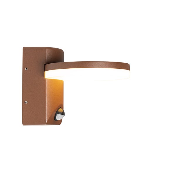 LED-Außenwandleuchte mit Bewegungsmelder, Metallgehäuse in Braun, ringförmiges Leuchtmittel.