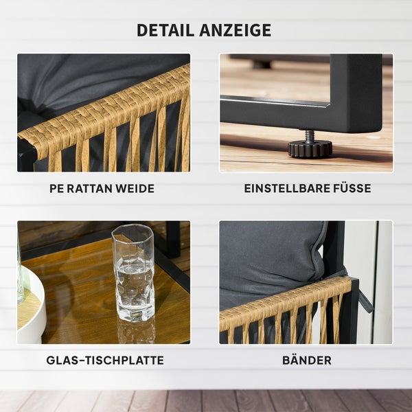 Detailansichten von Gartenmöbeln: PE-Rattan-Geflecht, verstellbare Füße, Glas-Tischplatte und Befestigungsbänder für Polster.