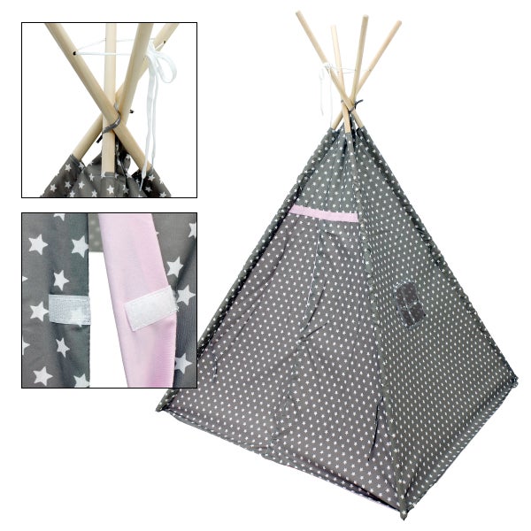 ECD Germany Tipi Spielzelt für Kinder, 115 x 115 x 160 cm, Indianerzelt Grau-Rosa mit Sternen Motiv, drinnen/draußen, Teepee Kinderzelt mit Tür und Fenster, Kinderzimmer Spielhaus für Mädchen/Jungen