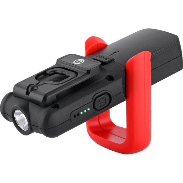 Schwarze LED-Arbeitsleuchte mit rotem Standfuß, Magnethalterung, Batteriestandsanzeige und Ein- und Ausschalter.