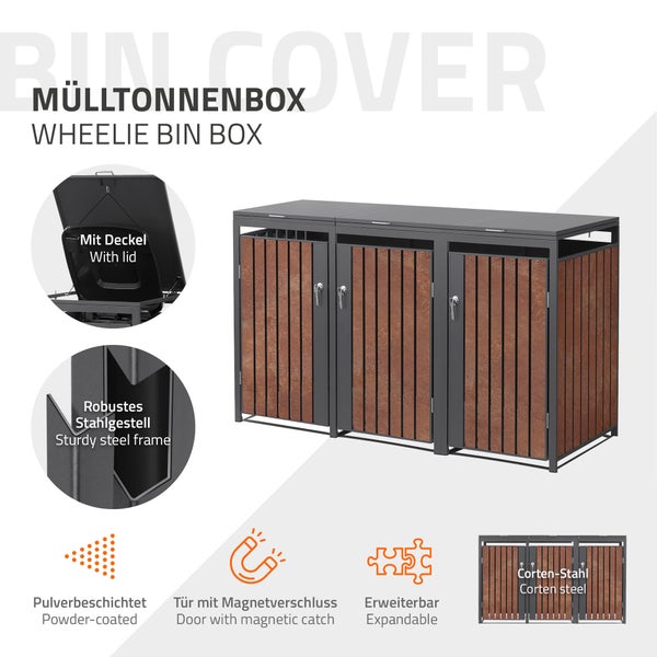 Dreier-Mülltonnenbox aus pulverbeschichtetem Stahl und Corten-Stahl, mit Deckel und Magnetverschluss.