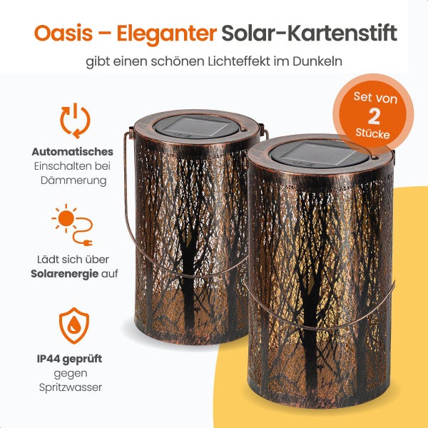 Goliving Solar-Tischlampe Oasis - 2 Stück - Laterne für draußen - Solar-Gartenleuchte - LED-Außenleuchte - Pendelleuchte - 20 cm - Metall - Schwarz