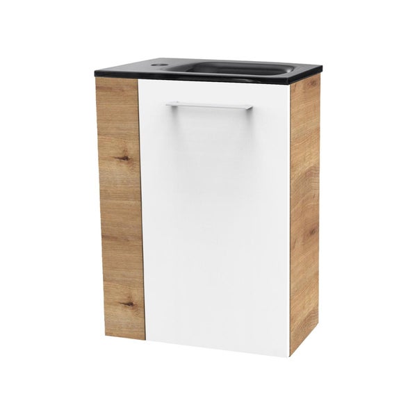 Fackelmann MILANO Gäste-WC Set 2 Teile – Waschtischunterschrank in Weiß mit Holz Braun mit Waschbecken aus Glas in Anthrazit – SBC Waschbeckenunterschrank schmal – Türanschlag rechts – 45 cm breit