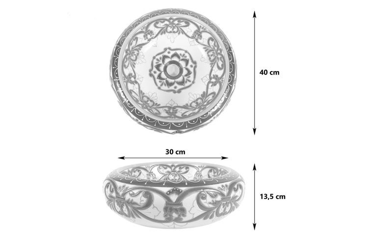 Ansicht von oben und von der Seite eines Aufsatzwaschbeckens mit Dekor, 40 cm breit, 30 cm tief und 13,5 cm hoch