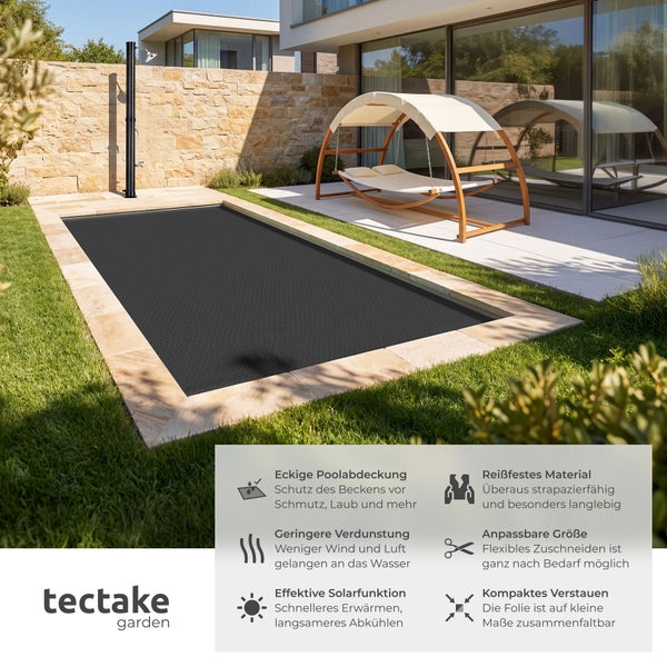 Rechteckige Poolabdeckung mit Solarfunktion von Tectake Garden auf einem Swimmingpool im Garten inklusive Produktvorteilen als Textübersicht.