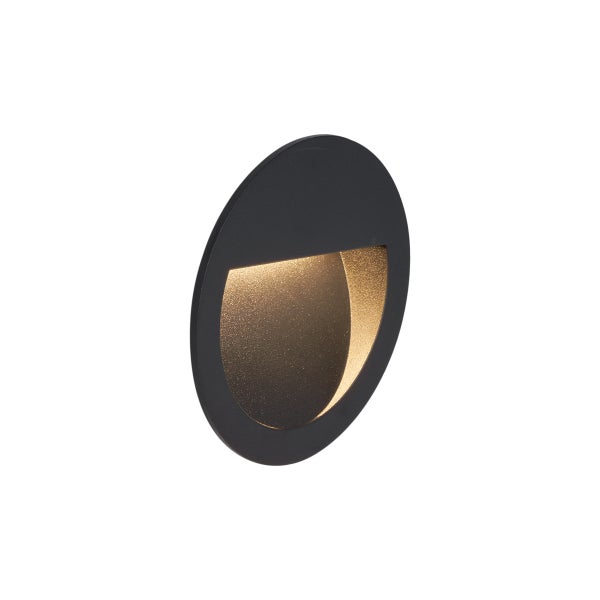 Runde LED-Wandeinbauleuchte in Schwarz mit nach unten gerichtetem Lichtaustritt.