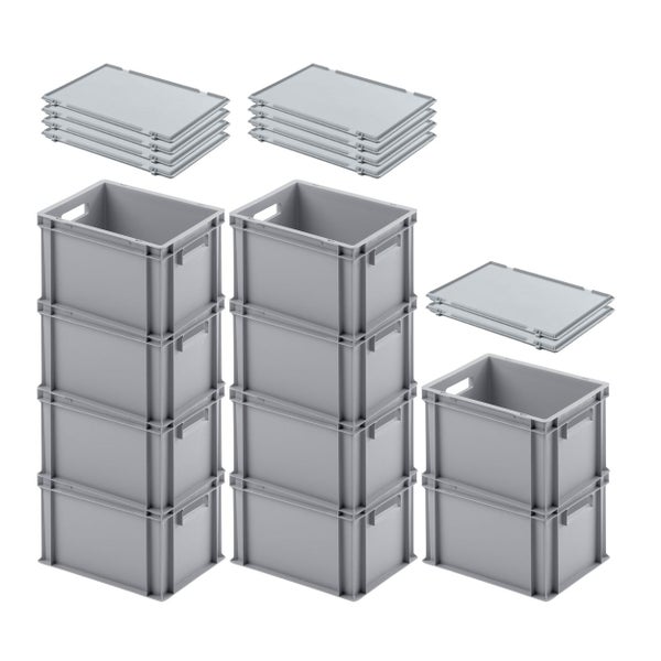 PROREGAL SuperSparSet 10 x Eurobehälter Mit Offenem Griff und Scharnierdeckel HxBxT 23,5 x 30 x 40 cm 22 Liter Grau Eurobox Transportbox