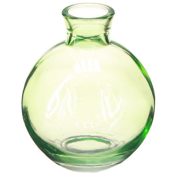 Kleine runde Glasvase aus grünem transparentem Glas mit schmalem Hals.