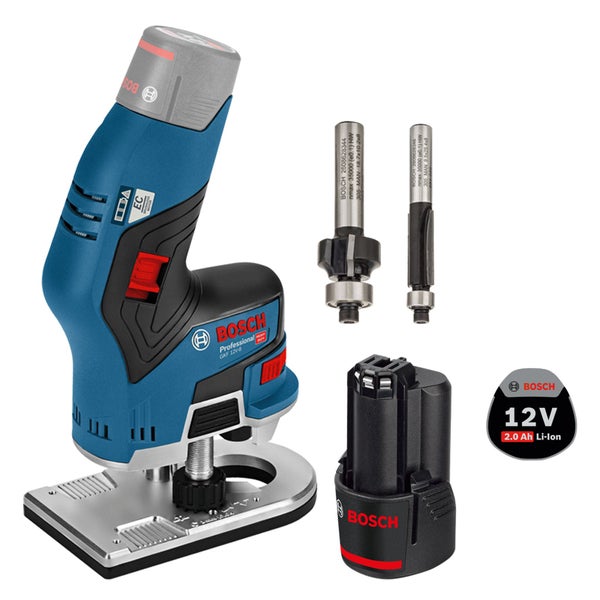 Bosch Professional Akku-Kantenfräse GKF 12V-8 mit zwei Fräsern und einem 12 Volt 2,0 Amperestunden Lithium-Ionen-Akku.