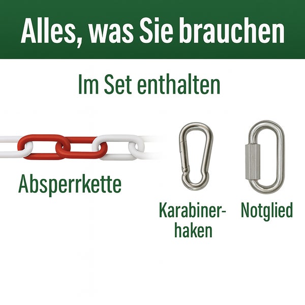 Set bestehend aus Absperrkette, Karabinerhaken und Notglied.